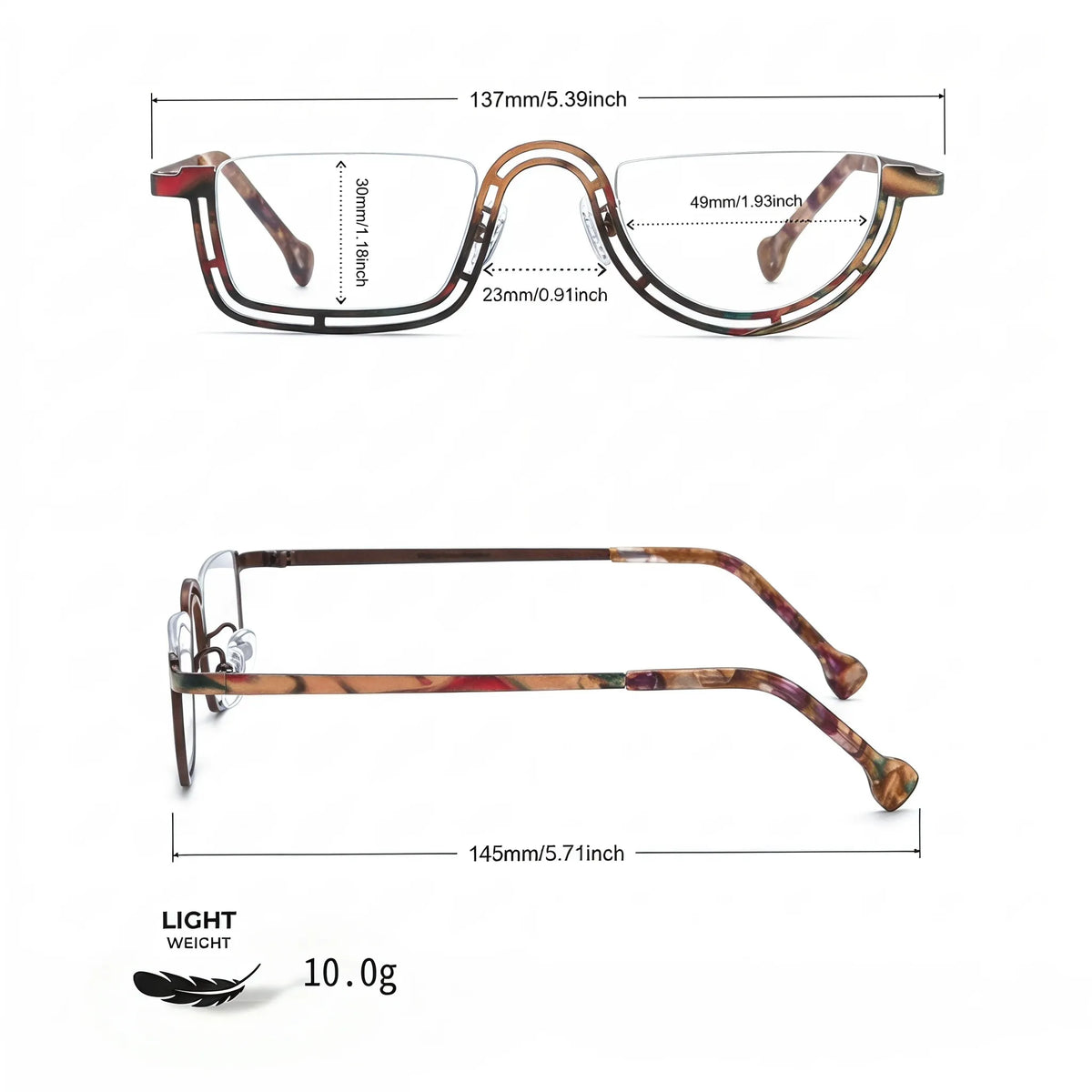 Barledear Amber Mosaic Brown eyeglasses size chart with 137 mm frame width 49 mm lens width 30 mm lens height 23 mm bridge and 145 mm temple