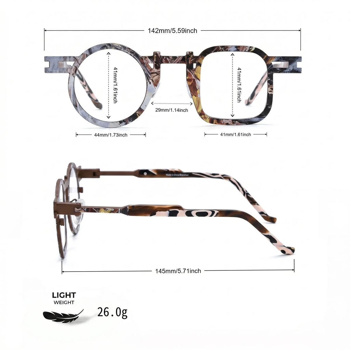 Barledear Amber Mosaic Brown eyeglasses size chart showing 142mm frame width, 44mm left lens width, 41mm right lens width, 41mm lens height, 29mm bridge, and 145mm temple