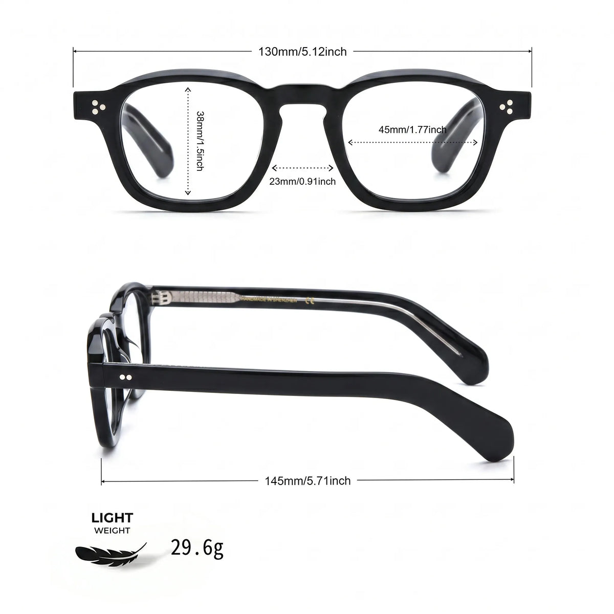 Barledear Charcoal Noir eyeglasses size chart with 130 mm frame width, 45 mm lens width, 38 mm lens height, 23 mm bridge, 145 mm temple length, and 29.6 g frame weight