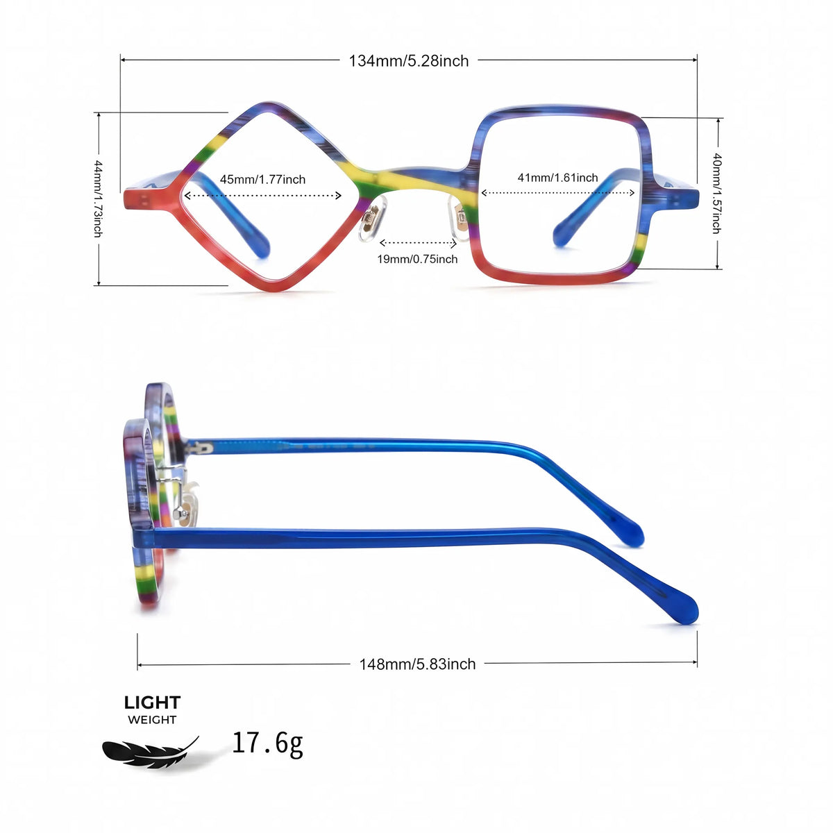Barledear Cobalt Crimson eyeglasses size chart with 134 mm frame width, 45 mm left lens width, 44 mm left lens height, 41 mm right lens width, 40 mm right lens height, 19 mm bridge, 148 mm temples, and 17.6 g weight.
