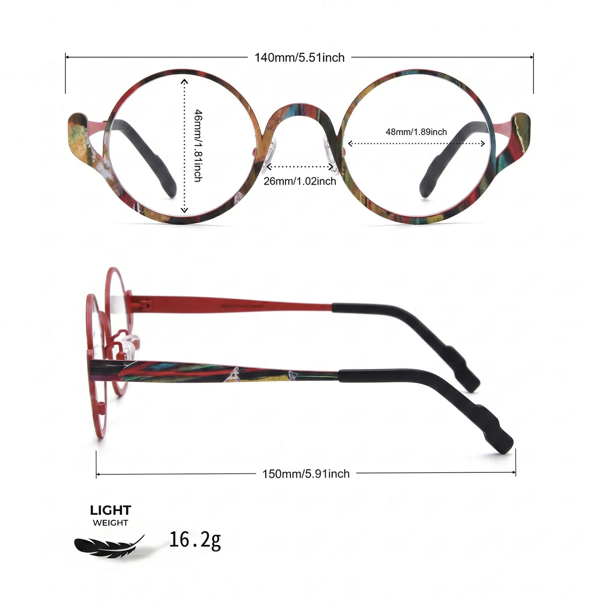 Barledear Crimson Artline eyeglasses size chart showing 140mm frame width, 48mm lens width, 46mm lens height, 26mm bridge width, and 150mm temple length