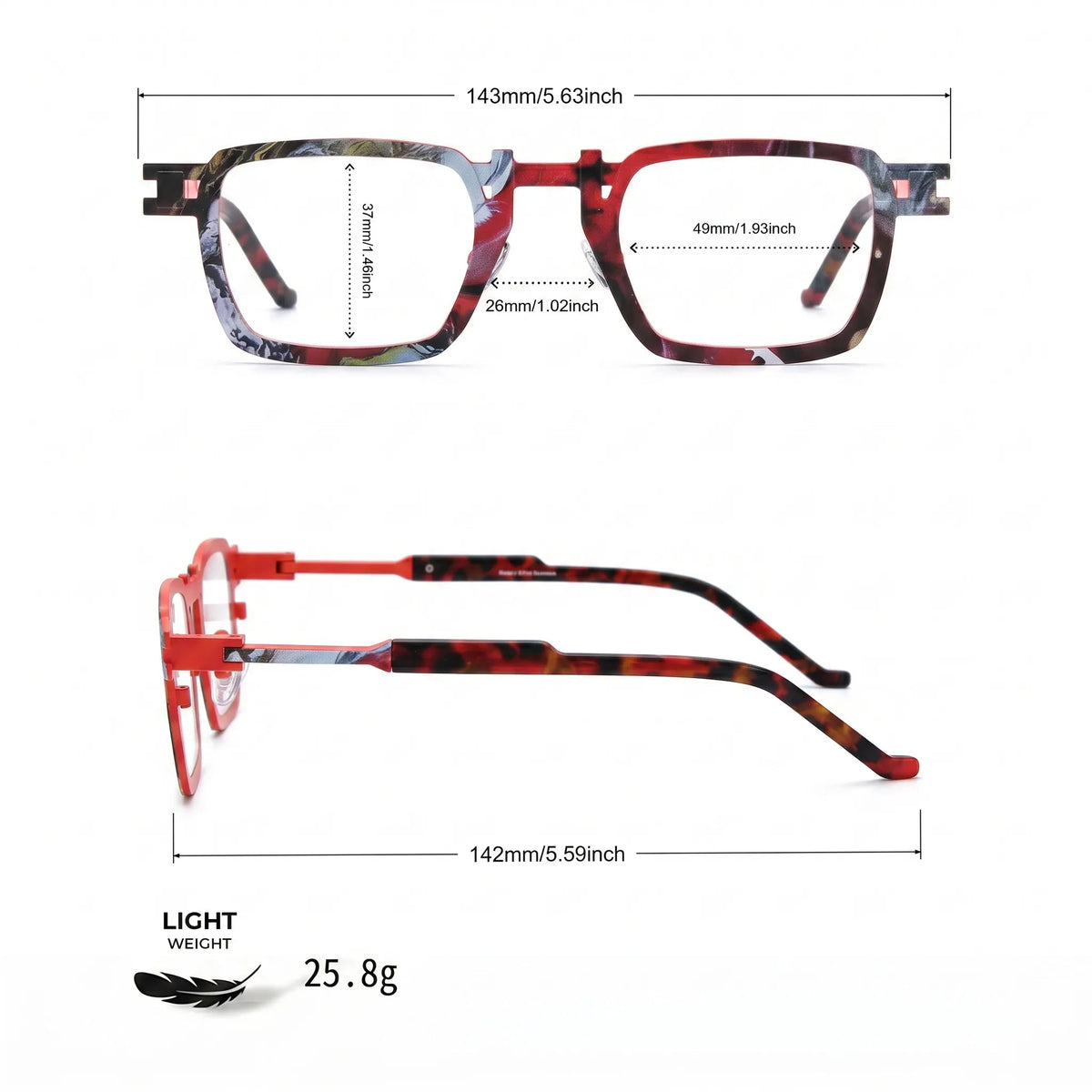 Barledear Crimson Noir Mosaic eyeglasses size chart showing 143 mm frame width, 49 mm lens width, 37 mm lens height, 26 mm bridge, and 142 mm temple length