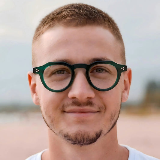 Barledear Forest Emerald retro geometric acetate eyeglasses in a lifestyle portrait
