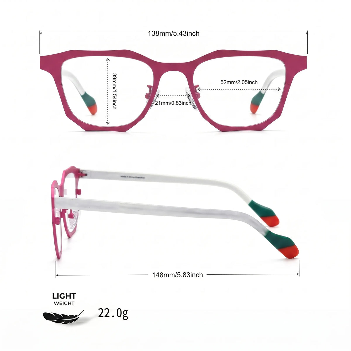 Barledear Fuchsia Jade eyeglasses size chart with frame width, lens width, bridge width, lens height, and temple length