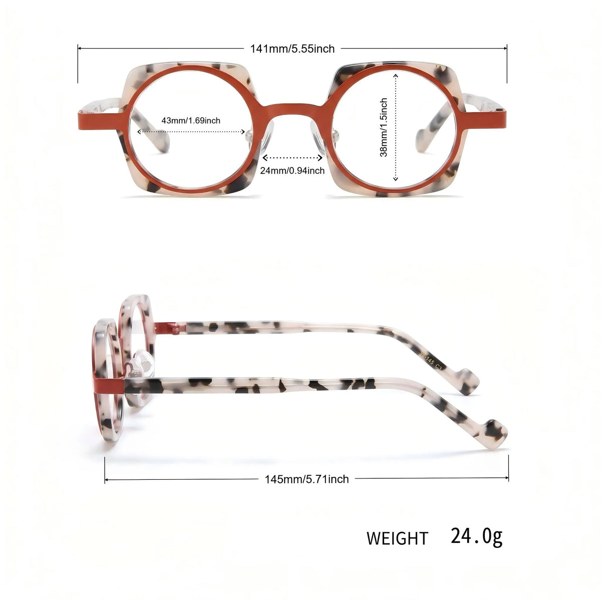Barledear Ivory Tortoise Crimson eyeglasses size chart with frame, lens, bridge, temple, and weight measurements