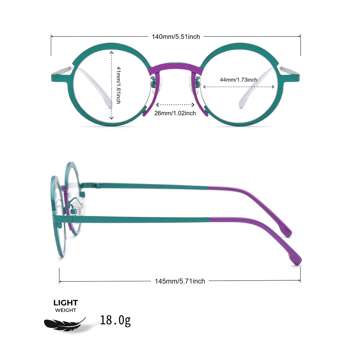 Barledear Jade Green Violet Purple eyeglasses size chart with 140 mm frame width, 44 mm lens width, 41 mm lens height, 26 mm bridge, and 145 mm temple length