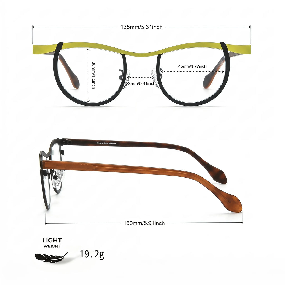 Barledear Lemon Noir Amber eyeglasses size chart with frame width lens width bridge and temple measurements