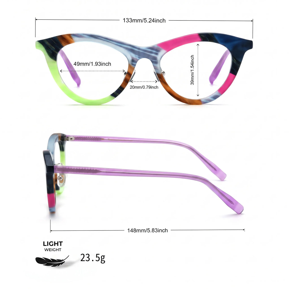 Barledear Neon Smoke Mosaic cat-eye eyeglasses size chart showing 133 mm frame width, 49 mm lens width, 39 mm lens height, 20 mm bridge, and 148 mm temples
