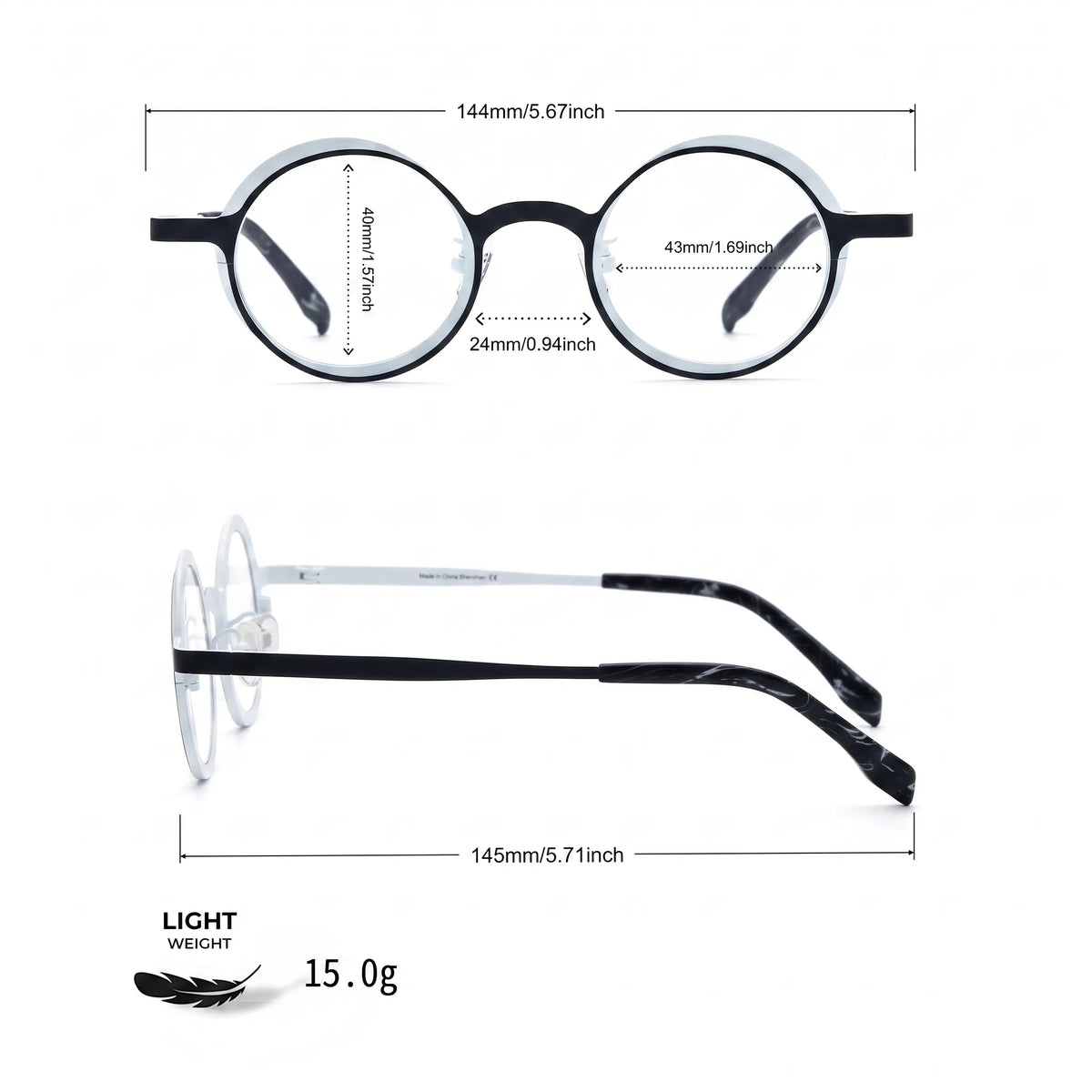 Barledear Onyx Crystal round pure titanium eyeglasses size chart with 144 mm frame width 43 mm lens width 40 mm lens height 24 mm bridge and 145 mm temple length