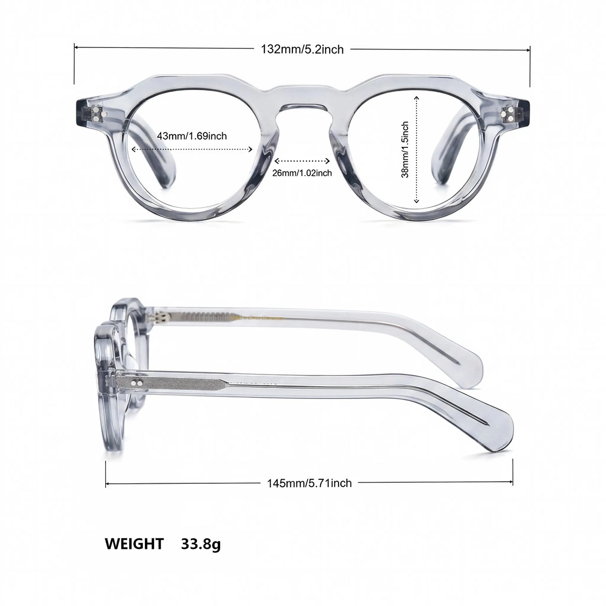 Barledear Smoke Crystal retro geometric acetate eyeglasses showing 132 mm frame width, 43 mm lens width, 38 mm lens height, 26 mm bridge, and 145 mm temples