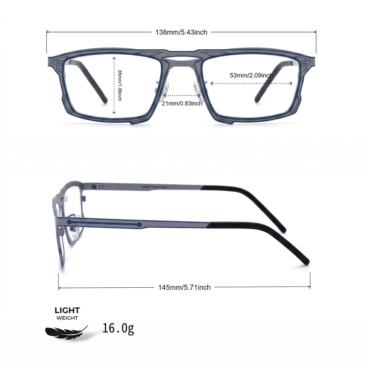 Barledear Steel Blue Gray eyeglasses size chart showing 138 mm frame width, 53 mm lens width, 35 mm lens height, 21 mm bridge, and 145 mm temple length