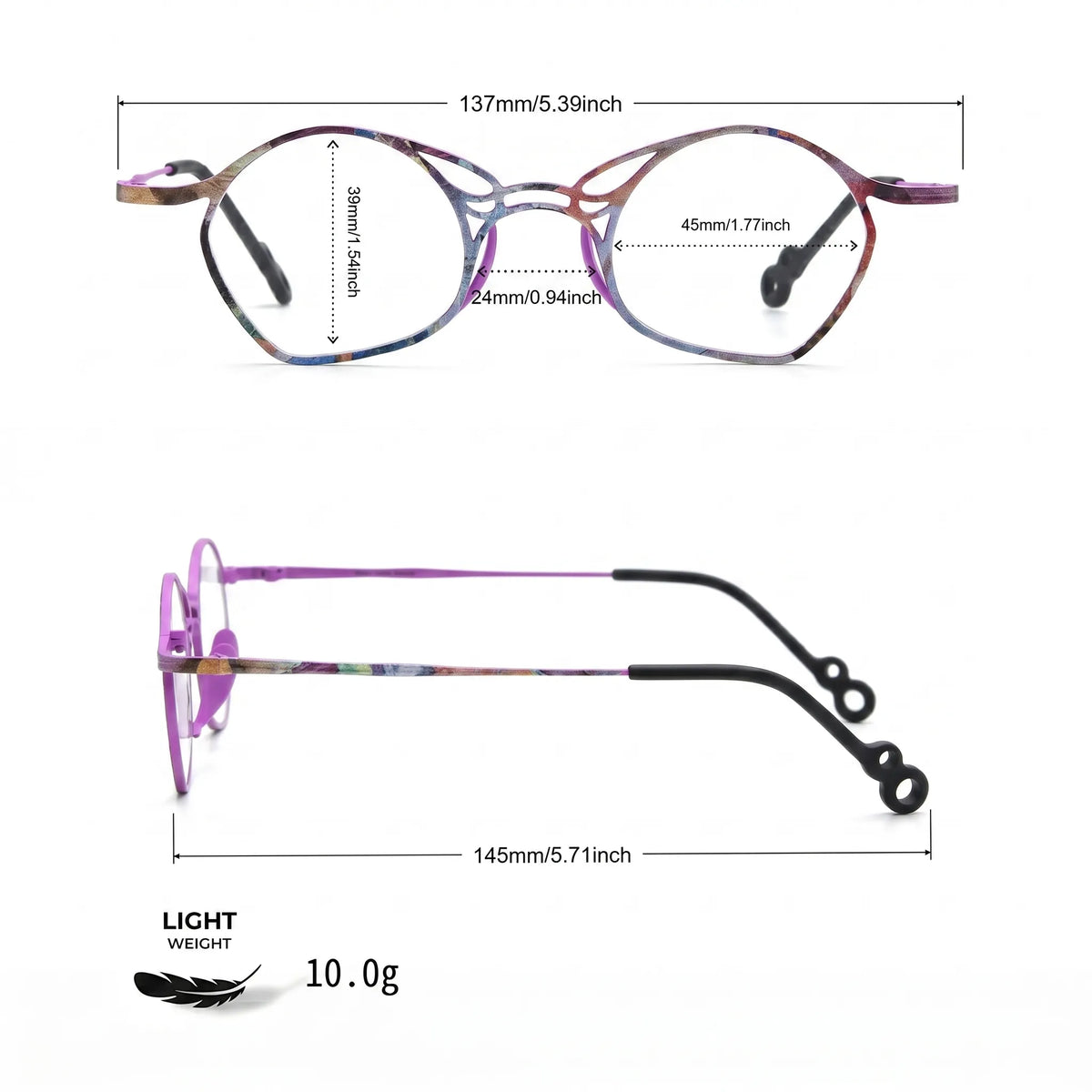 Barledear Violet Aura Purple eyeglasses size chart with frame width lens width bridge and temple measurements