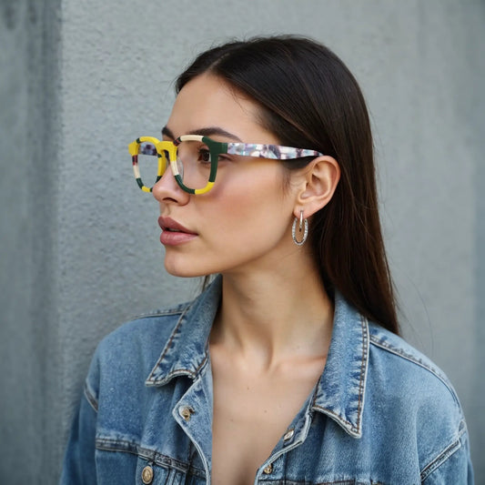 Model wearing VoyueLens VL19358 Citrus Fade square-glasses, demonstrating everyday fit and fashion-forward presence.