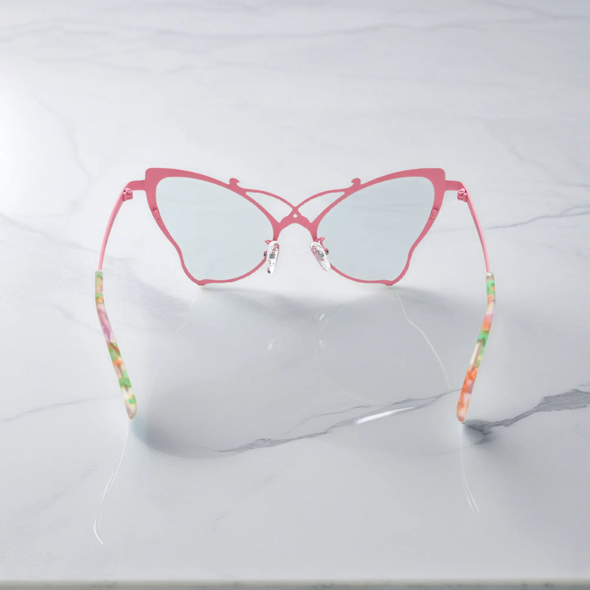 Back of VoyueLens VL185862 titanium butterfly eyeglasses in Green Blush – a lightweight, colorful, vintage-inspired, prescription ready frame designed for unique artistic style and everyday comfort.