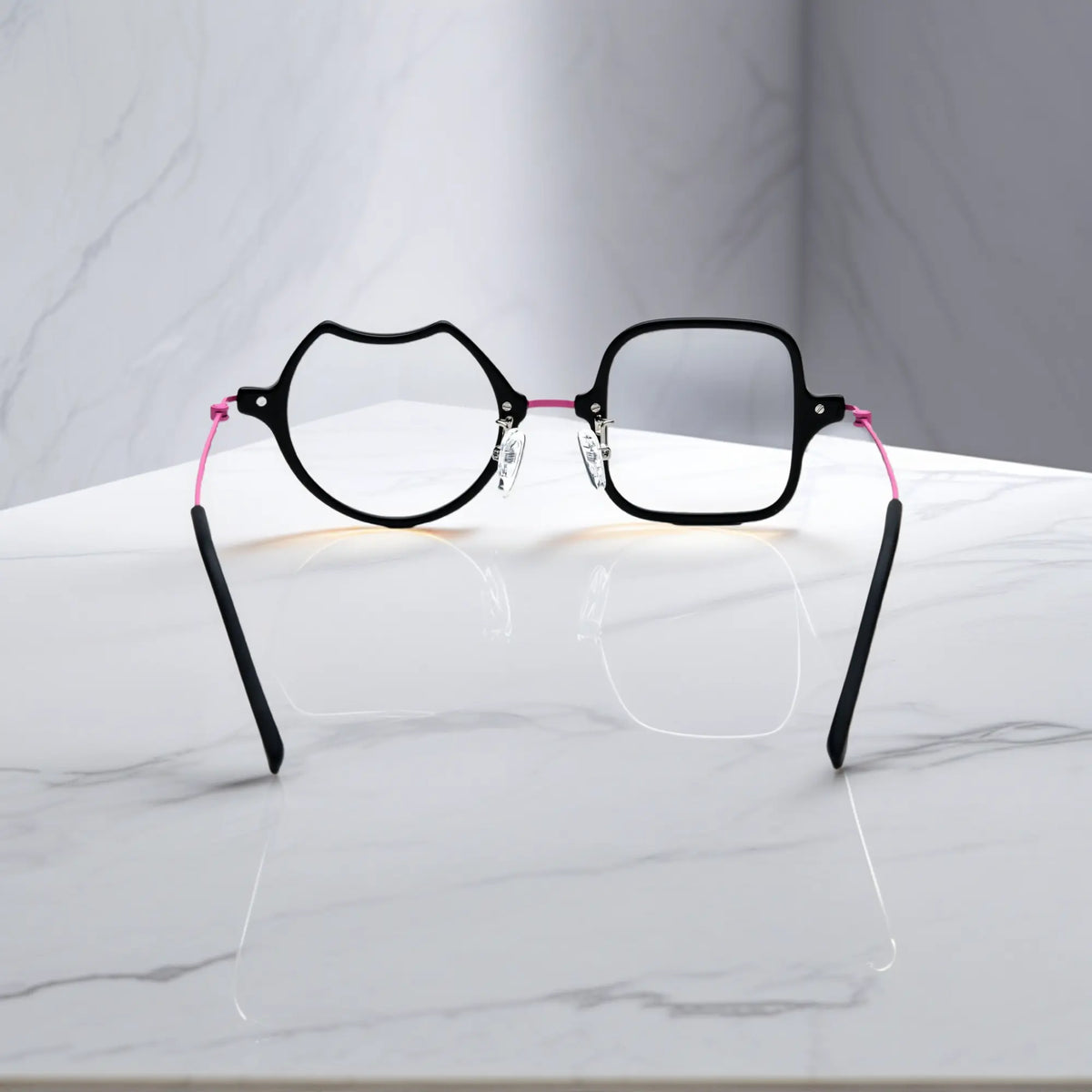 Back View of VoyueLens Neon Bloom stylish asymmetric eyeglasses VL185842-C6. Rear view displaying the acetate frame and the titanium temple connection structure.
