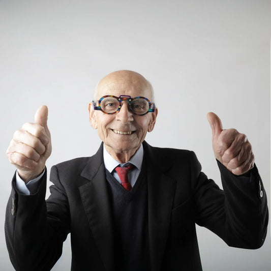 Dad model wearing VoyueLens Rainbow Tortoise colorful geometric eyeglasses