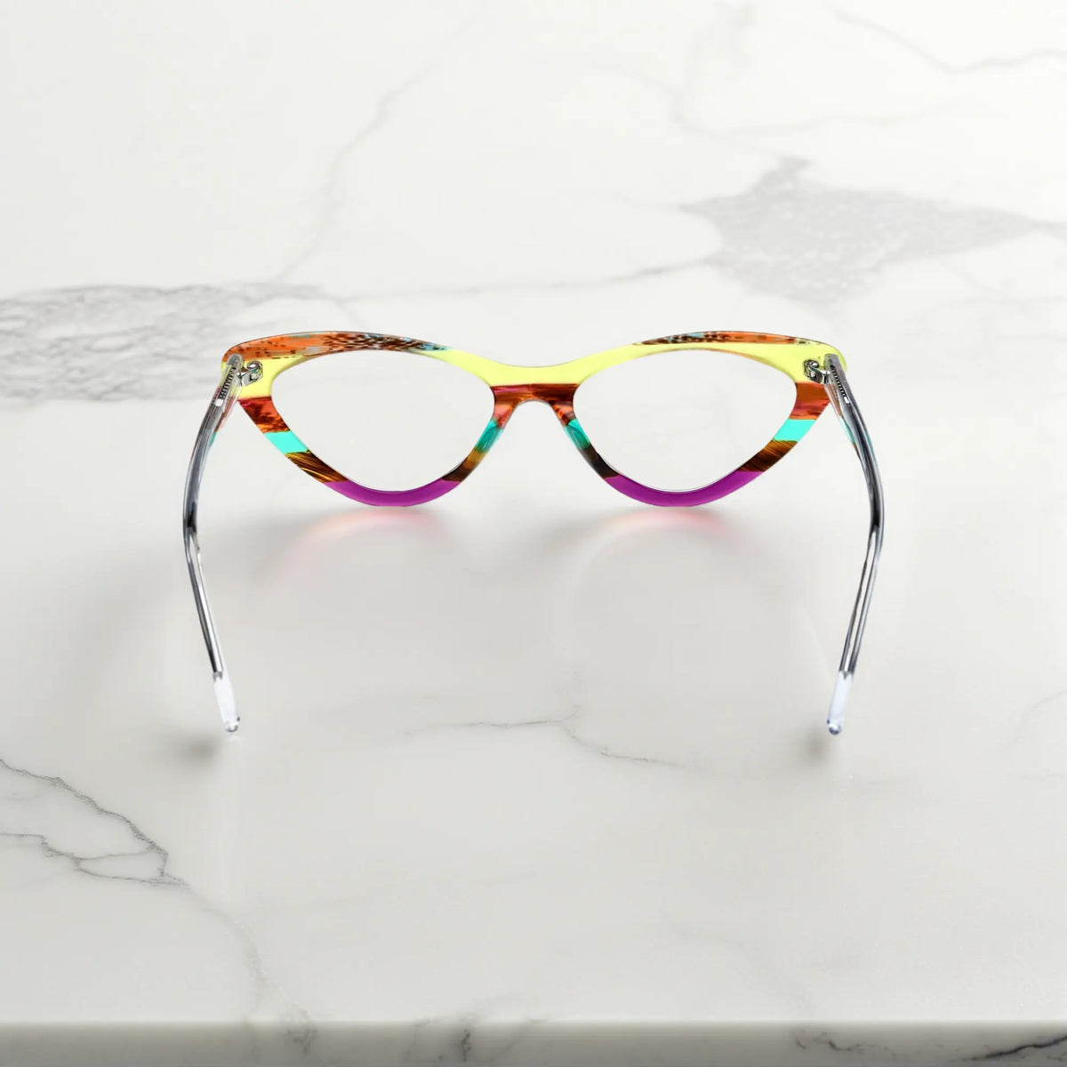 Back view of VoyueLens KaleidoCat Sunrise Mirage glasses with gradient detailing
