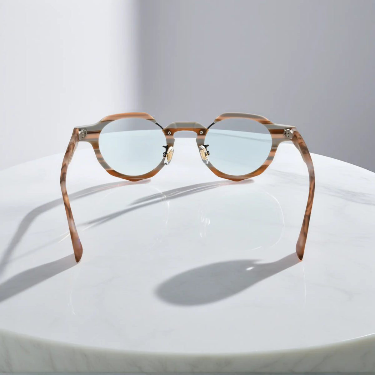 Rear angle of VoyueLens Amber Drift eyeglasses highlighting natural-toned acetate