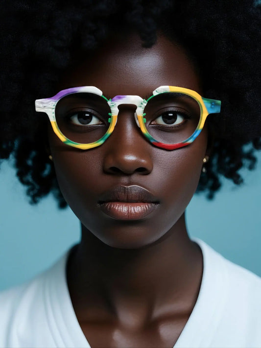 Model wearing VoyueLens Rainbow Frost eyeglasses with vibrant multicolor pattern