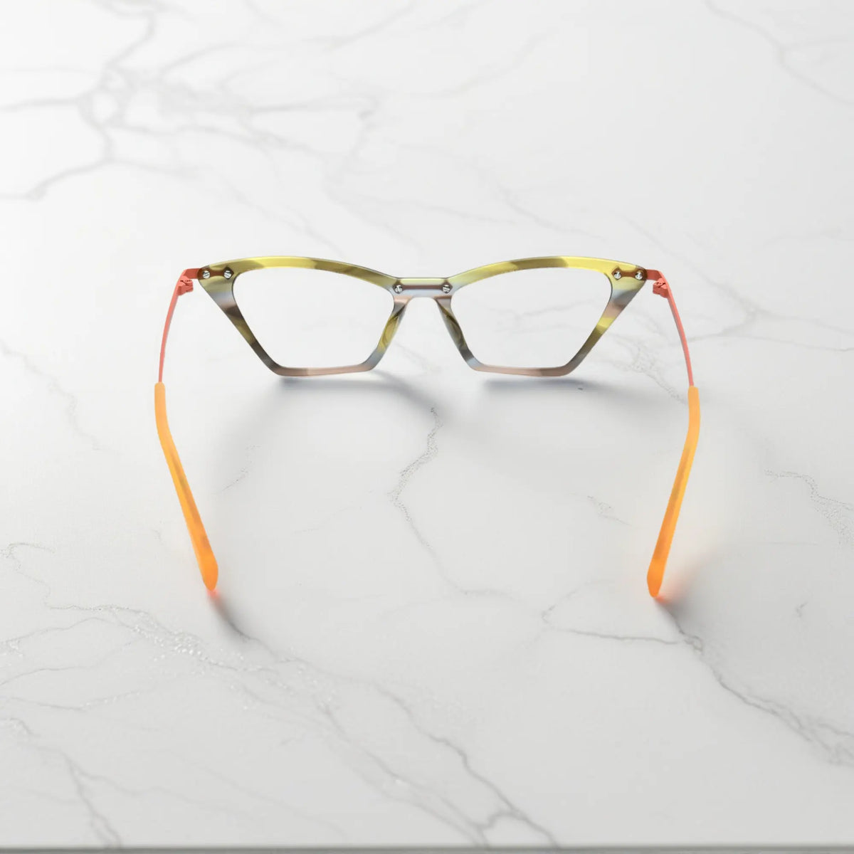 Back angle of VoyueLens ColorPop Eyeglasses in Citrus Sorbet, showing the balanced construction and seamless fusion of acetate and metal.
