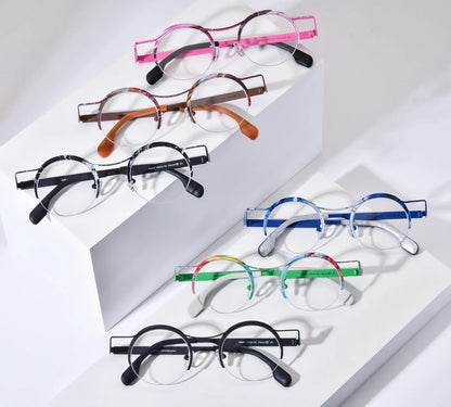 Barledear retro round pure titanium semi-rimless eyeglasses collection group image showing all six available color variants