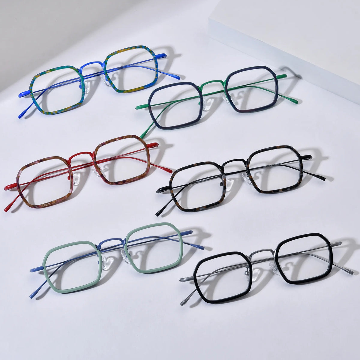 Barledear eyeglasses collection group image showing all available geometric acetate titanium color variants
