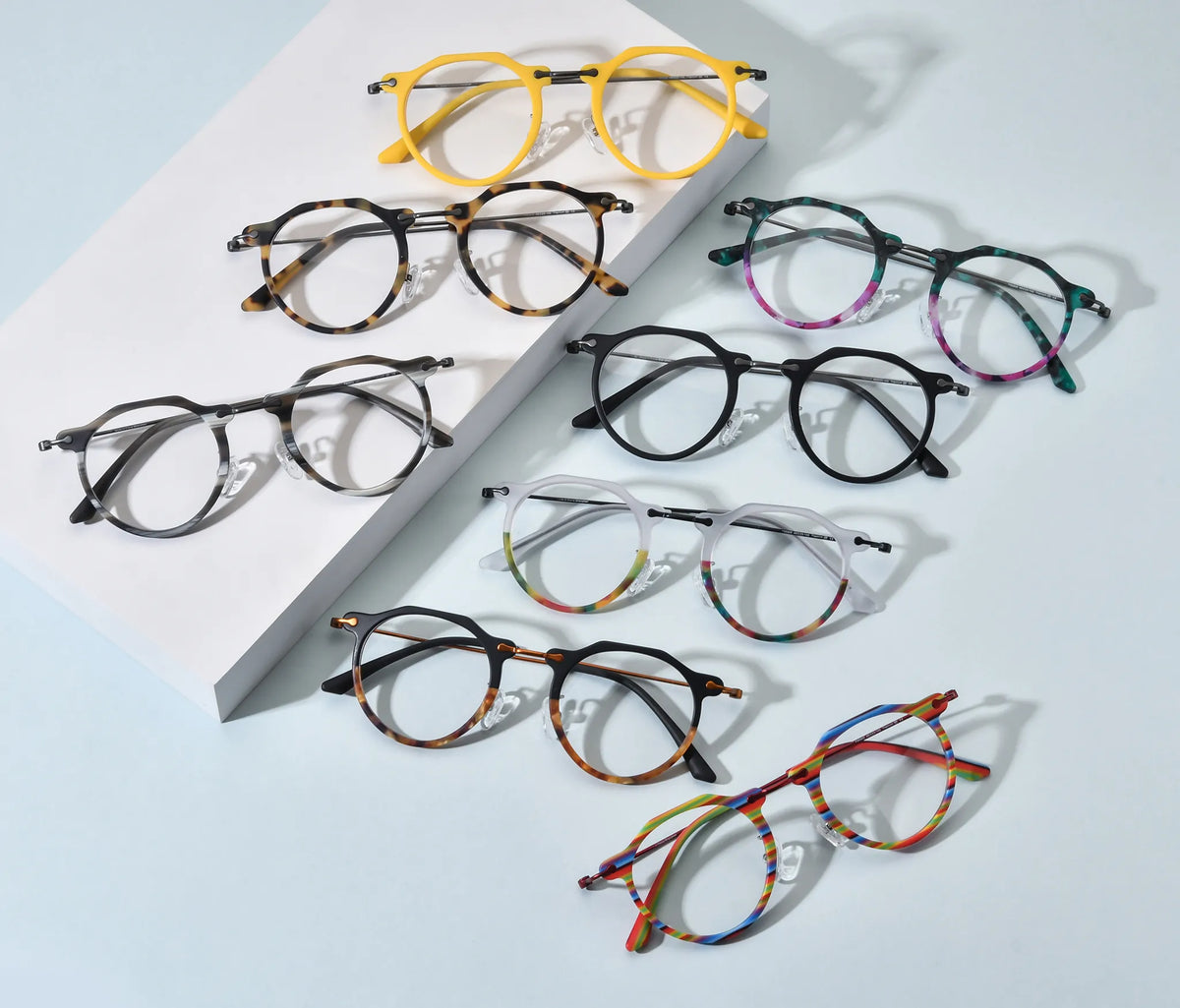 Barledear eyeglasses collection group image showing all available color variants of the BD185905 retro oval acetate metal frame