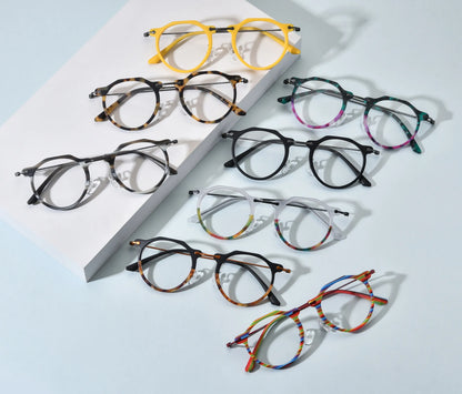 Barledear eyeglasses collection group image showing all available color variants of the BD185905 retro oval acetate metal frame