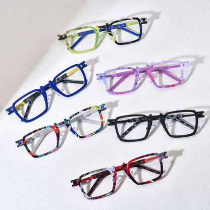 Barledear geometric square titanium eyeglasses collection group image showing Lime Cobalt Mosaic, Cobalt Lemon Mosaic, Lavender Rose Mosaic, Confetti White Mosaic, Onyx Smoke Marble, and Crimson Noir Mosaic color variants