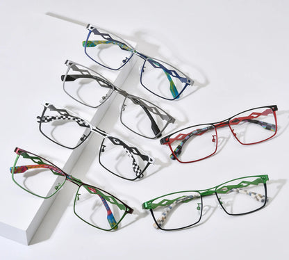 Barledear geometric titanium square eyeglasses collection group image showing Titan Sky Blue, Graphite Gunmetal, Checkerboard Ivory Black, Crimson Meadow Green, Crimson Noir, and Meadow Navy Blue color variants