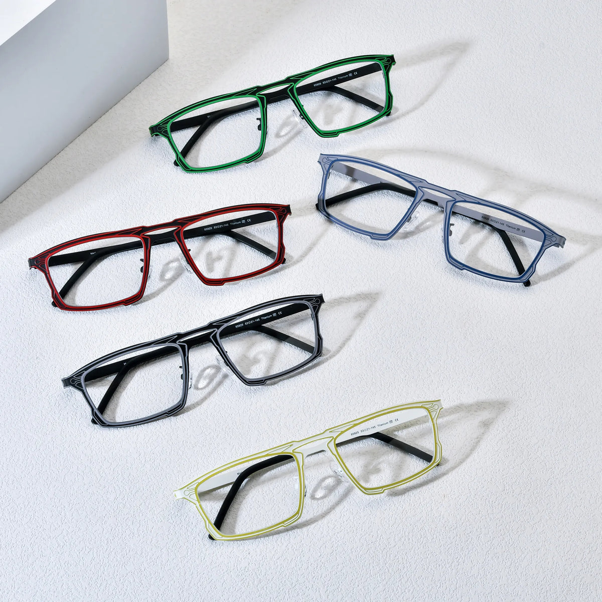 Barledear lightweight square titanium eyeglasses collection group image showing Electric Ivy Black, Citrus Ivory, Crimson Noir, Graphite Noir, and Steel Blue Gray color variants