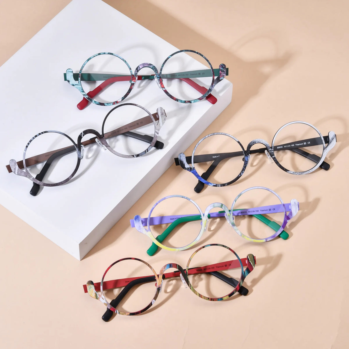 Barledear eyeglasses collection group image showing all available color variants of model BD185935 in artistic round pure titanium frames