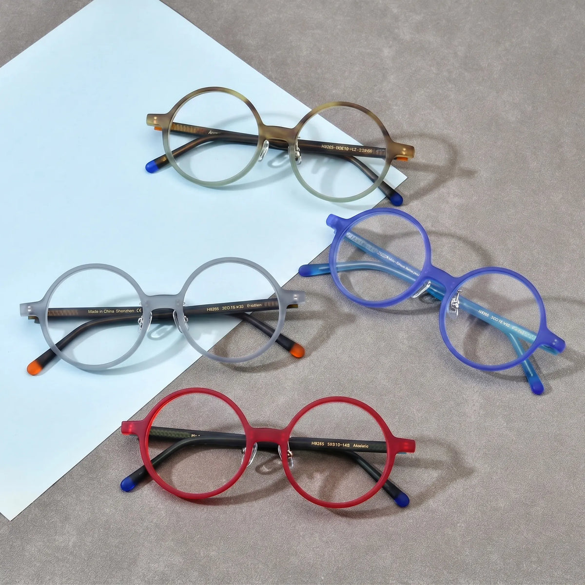 Barledear frosted round acetate eyeglasses collection group image showing Frosted Sage Tortoise, Frosted Iris Blue, Frosted Ruby Teal, and Frosted Smoke Ember color variants