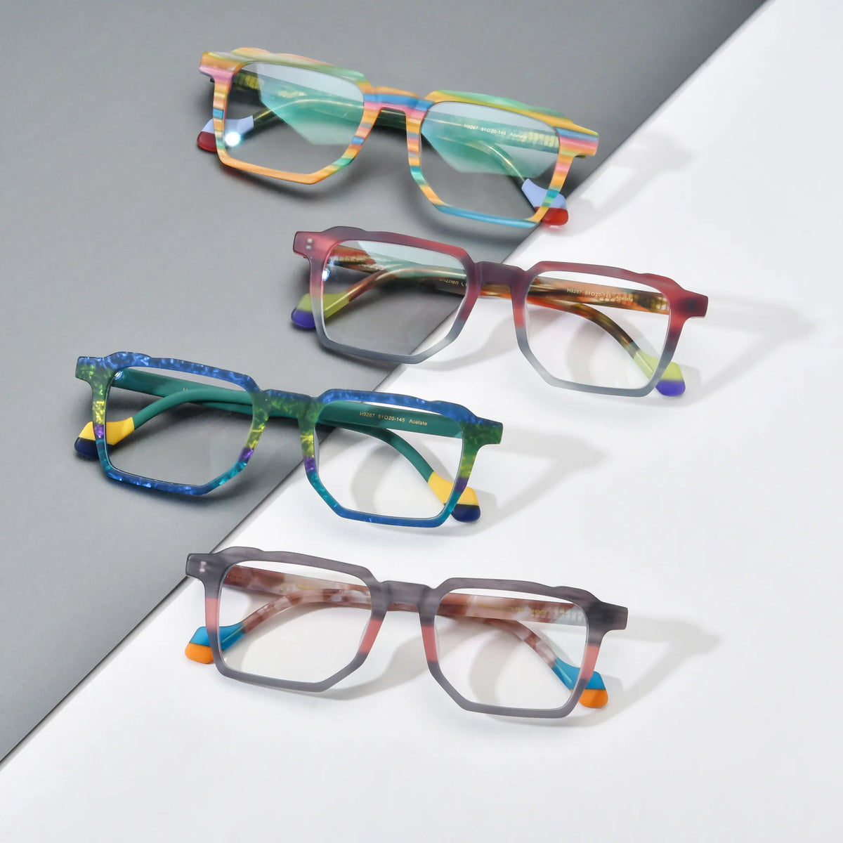 Barledear square acetate eyeglasses collection showing Rainbow Horizon Crimson Smoke Ocean Meadow and Graphite Blush color variants