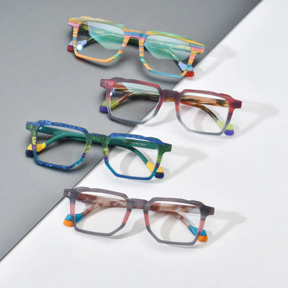 Barledear square acetate eyeglasses collection showing Rainbow Horizon Crimson Smoke Ocean Meadow and Graphite Blush color variants