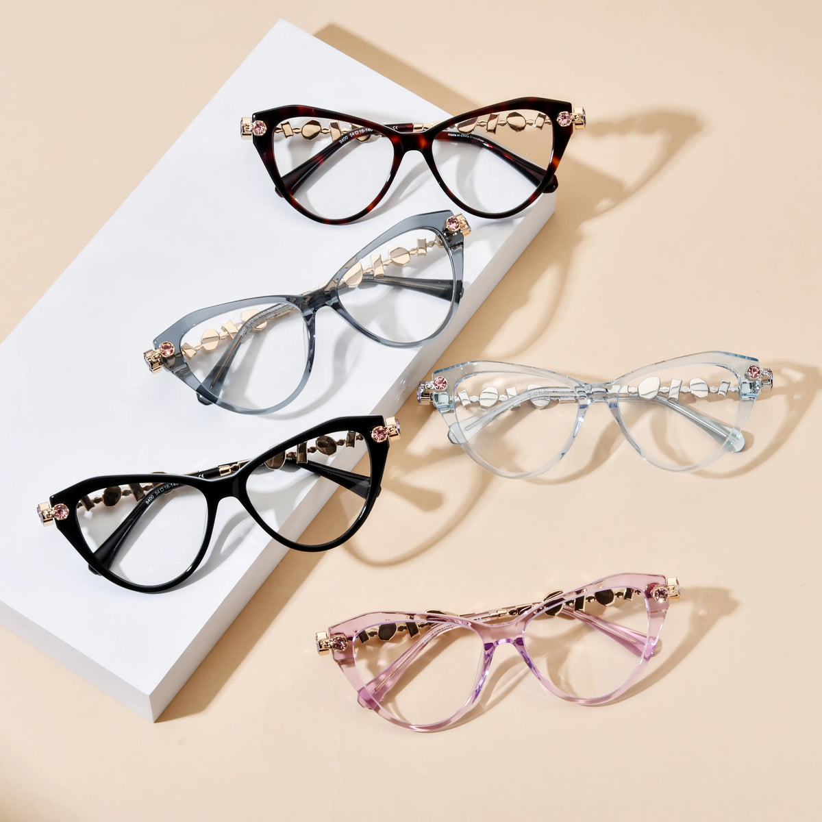 Barledear jeweled geometric cat-eye acetate eyeglasses collection showing Amethyst Crystal, Glacier Blue, Smoke Quartz, Amber Tortoise, and Onyx Black color variants