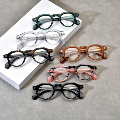Barledear retro geometric acetate eyeglasses collection showing Forest Emerald, Onyx Black, Rose Mosaic, Honey Amber, Espresso Tortoise, and Smoke Crystal