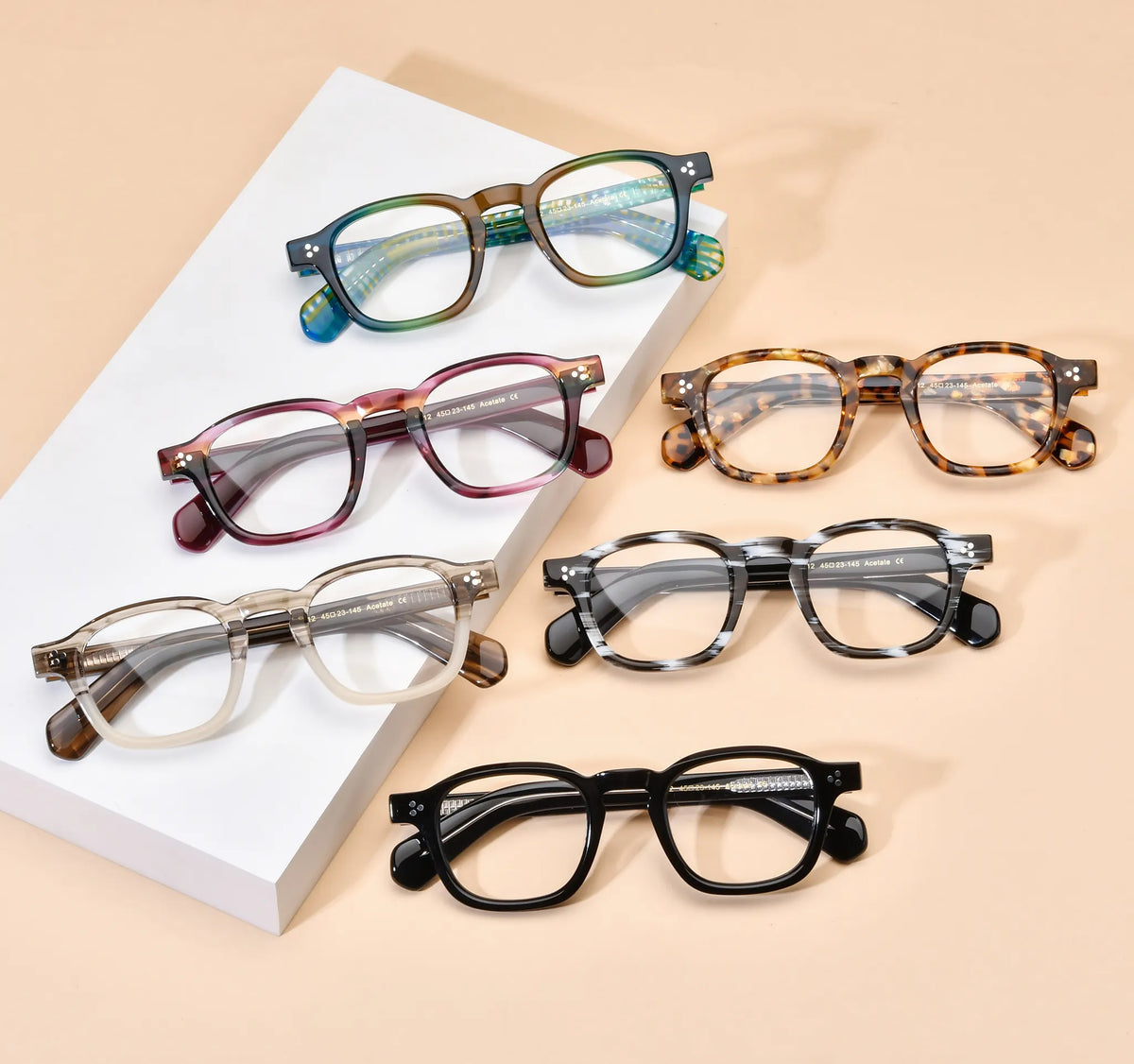 Barledear retro square acetate eyeglasses group image showing Teal Grove, Smoke Stripe, Amber Leopard Tortoise, Honey Crystal Brown, Violet Prism, and Charcoal Noir color variants