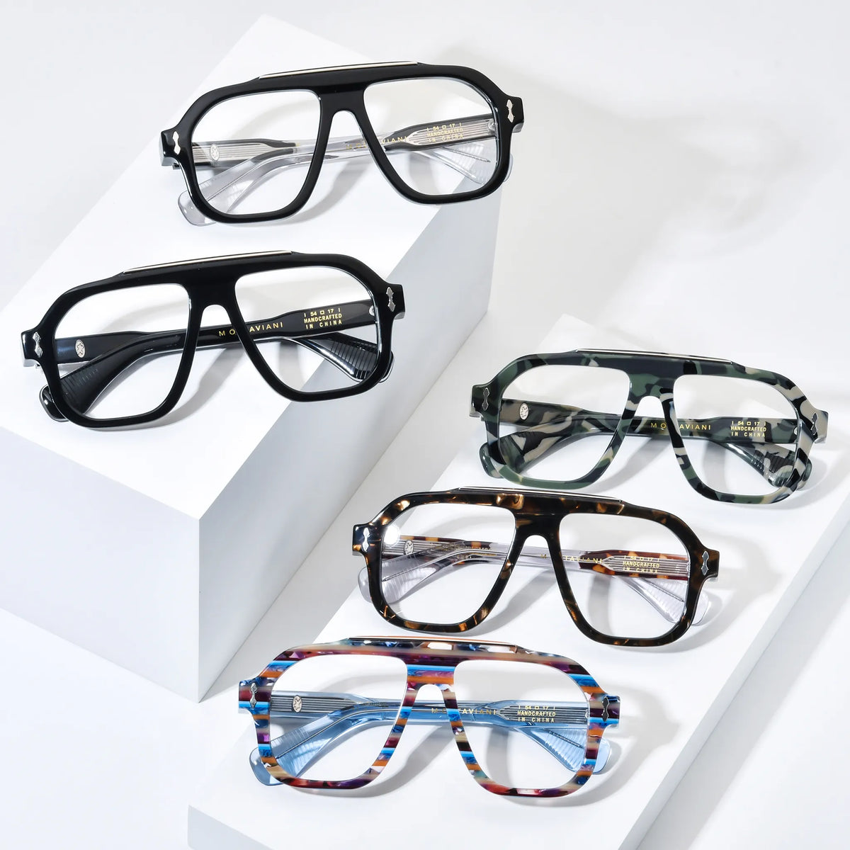 Barledear square aviator acetate eyeglasses collection group image showing Prism Blue Mosaic, Crystal Noir, Obsidian Black, Field Camo Green and Amber Tortoise color variants