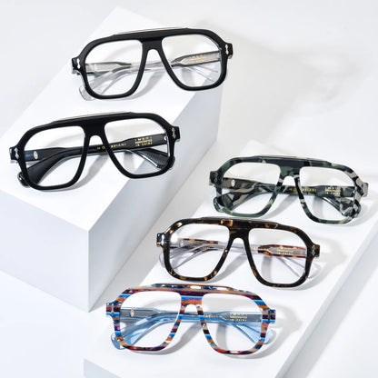Barledear square aviator acetate eyeglasses collection group image showing Prism Blue Mosaic, Crystal Noir, Obsidian Black, Field Camo Green and Amber Tortoise color variants