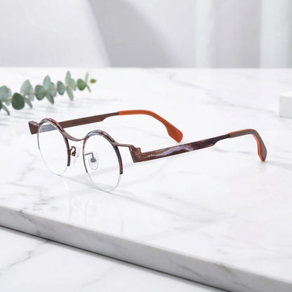 Barledear Amber Cocoa eyeglasses angled side view showing brown temple details, round lenses, and semi-rimless pure titanium frame
