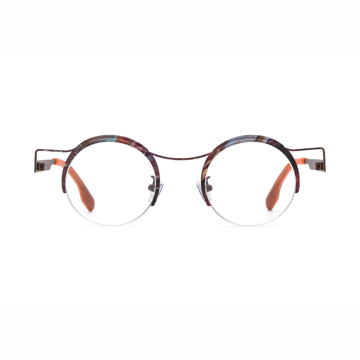 Barledear Amber Cocoa eyeglasses front view with lightweight round pure titanium semi-rimless frame and warm brown color details