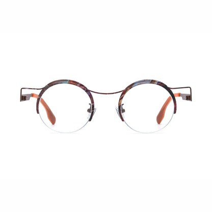 Barledear Amber Cocoa eyeglasses front view with lightweight round pure titanium semi-rimless frame and warm brown color details