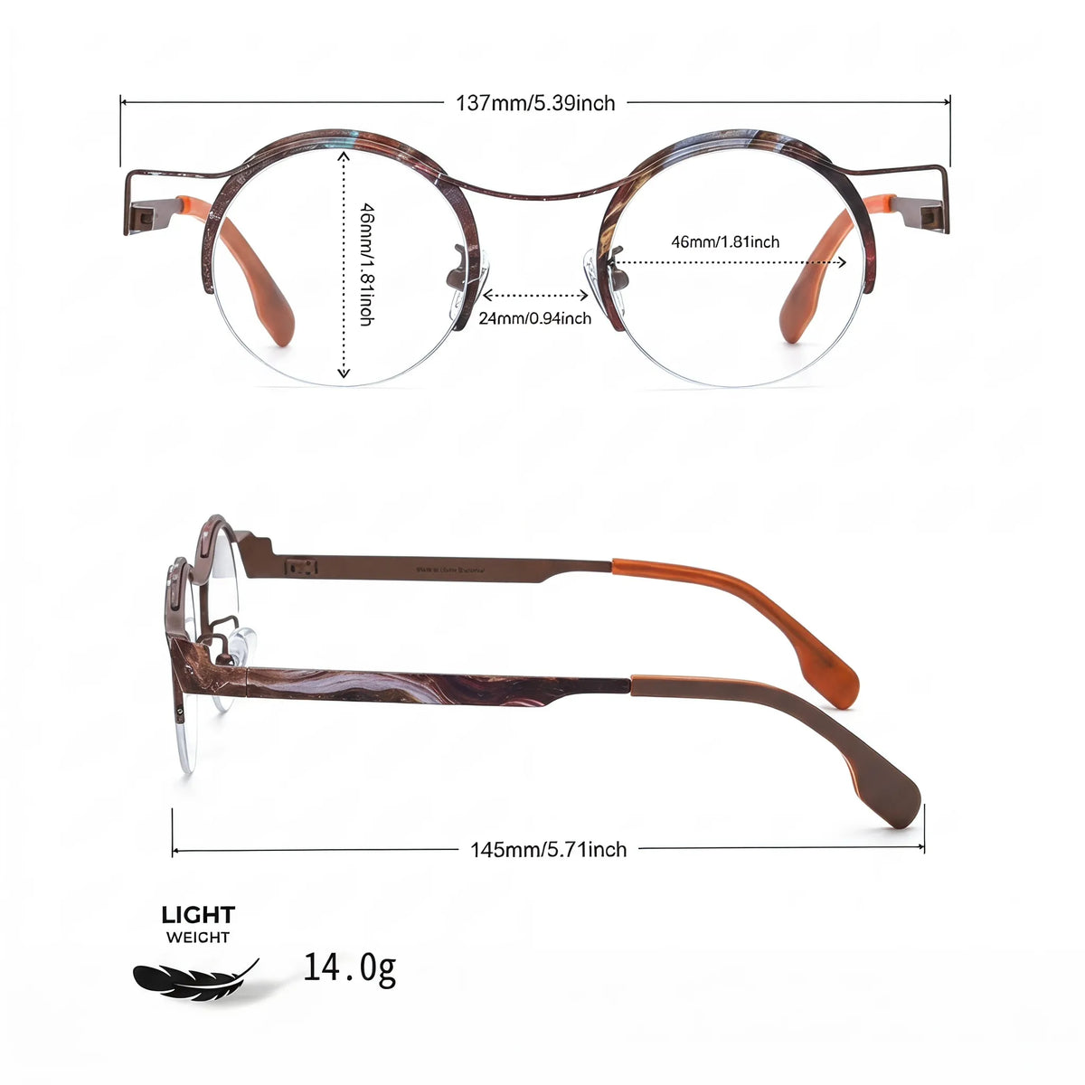 Barledear Amber Cocoa eyeglasses size chart with 137mm frame width, 46mm lens width, 24mm bridge, 145mm temple length, and 14.0g weight