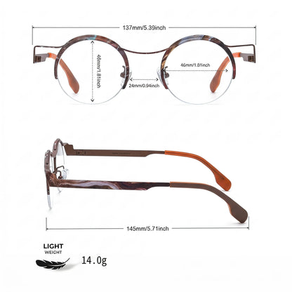 Barledear Amber Cocoa eyeglasses size chart with 137mm frame width, 46mm lens width, 24mm bridge, 145mm temple length, and 14.0g weight