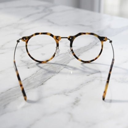 Barledear Amber Leopard eyeglasses back view showing temple shape full-rim structure and comfortable fit