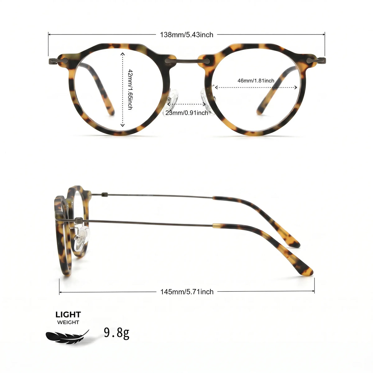 Barledear Amber Leopard eyeglasses size chart with 138mm frame width 46mm lens width 42mm lens height 23mm bridge and 145mm temple measurements