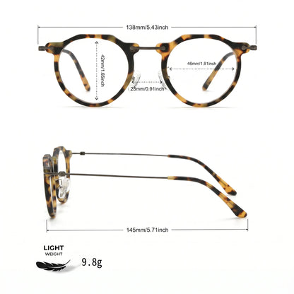 Barledear Amber Leopard eyeglasses size chart with 138mm frame width 46mm lens width 42mm lens height 23mm bridge and 145mm temple measurements