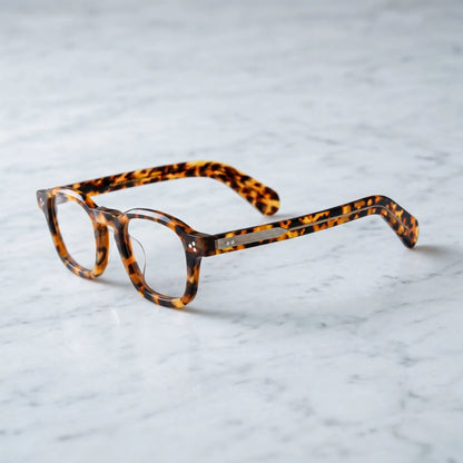 Barledear Amber Leopard Tortoise eyeglasses angled side view showing warm tortoise pattern and bridge detail