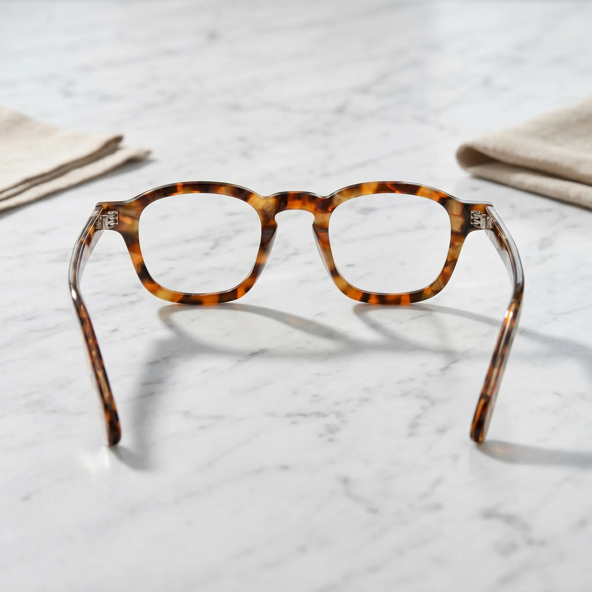 Barledear Amber Leopard Tortoise eyeglasses back view showing integrated nose pads, temple shape, and full-rim frame structure